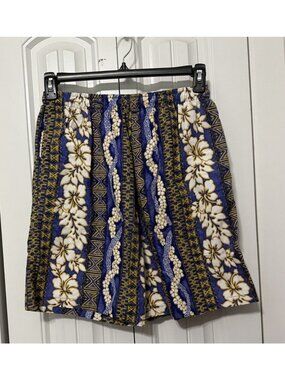 Royal Shorts Hawaiian Print Mens Large Drawstring Waist Made In Hawaii Blue